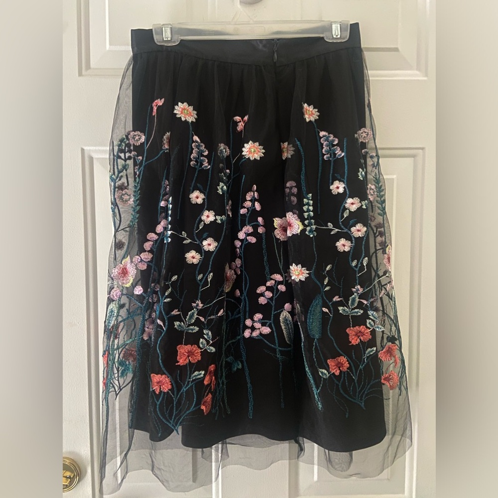 H&M Black A-Line Skirt with Multicolor Floral Embroidery
